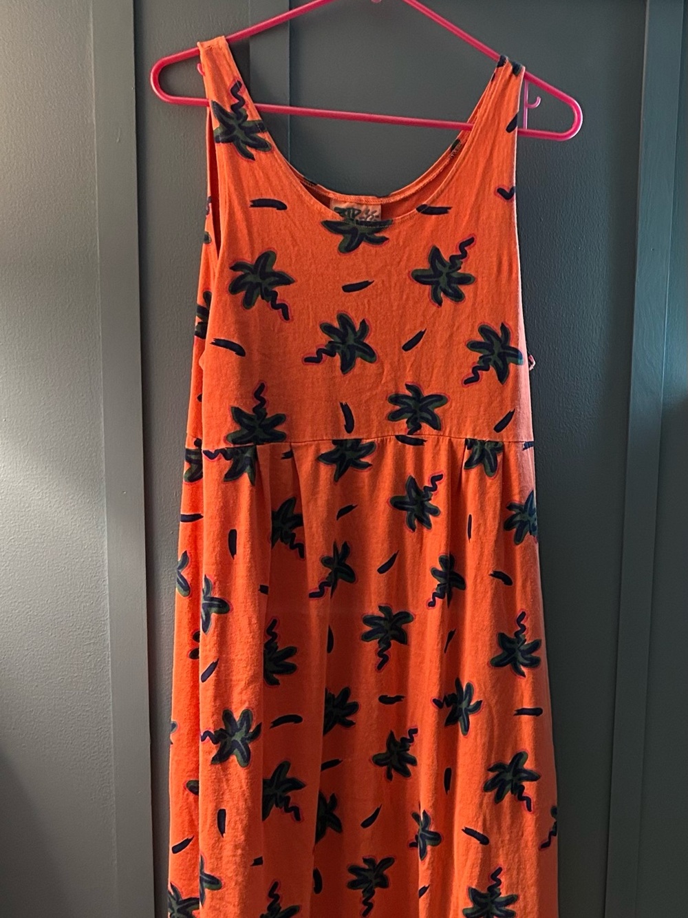 Orangey Coral Palm-Print Sleeveless Sundress - Picture 1 of 5